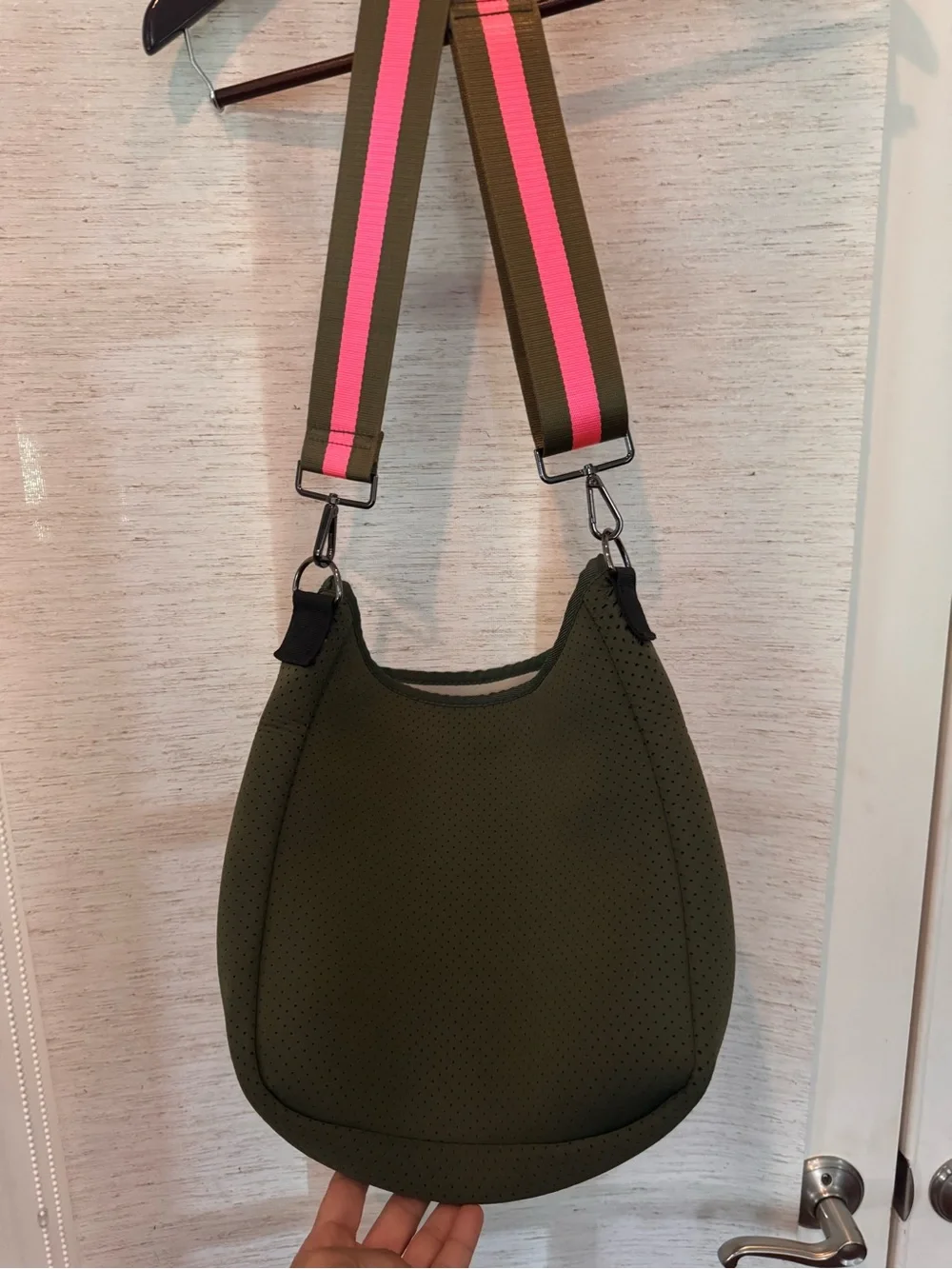 Haute Shore Greyson Neoprene Crossbody Bag Olive Pink Stripe